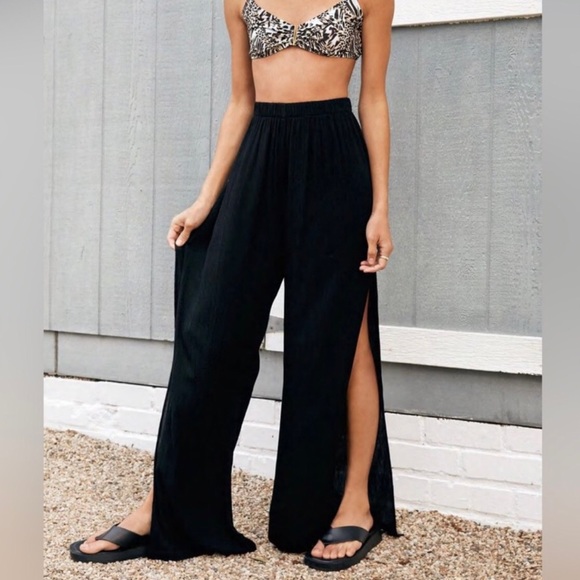 NastyGal Black Eco Vero Viscose Crinkle Split Leg Cover Up Pants - Picture 1 of 5